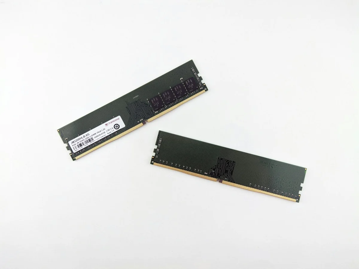 Two DDR4 memory modules on a white surface — a dual-channel pair rather than a single stick
