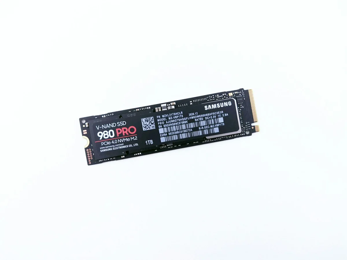 A Samsung 980 PRO 1TB NVMe M.2 solid state drive on a white background