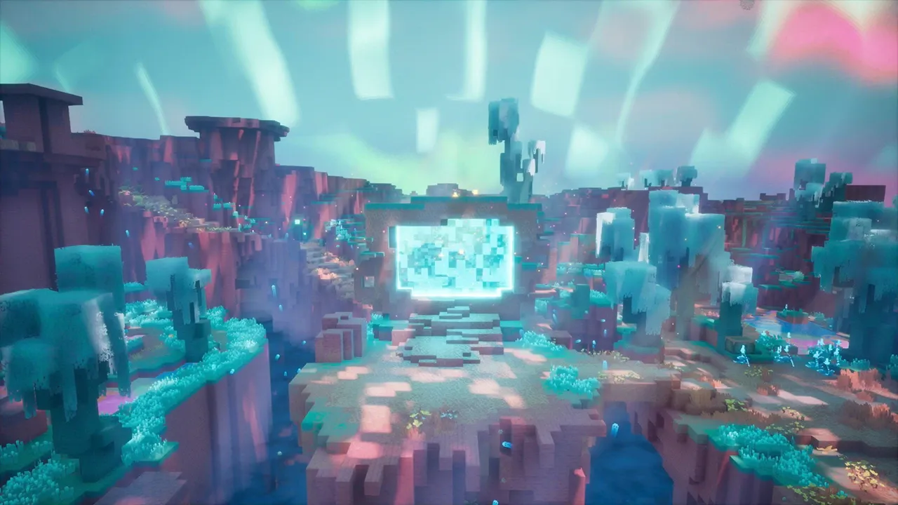The Sift dimension revealed at Minecraft Live 2026, showing its neon blue and pink environment